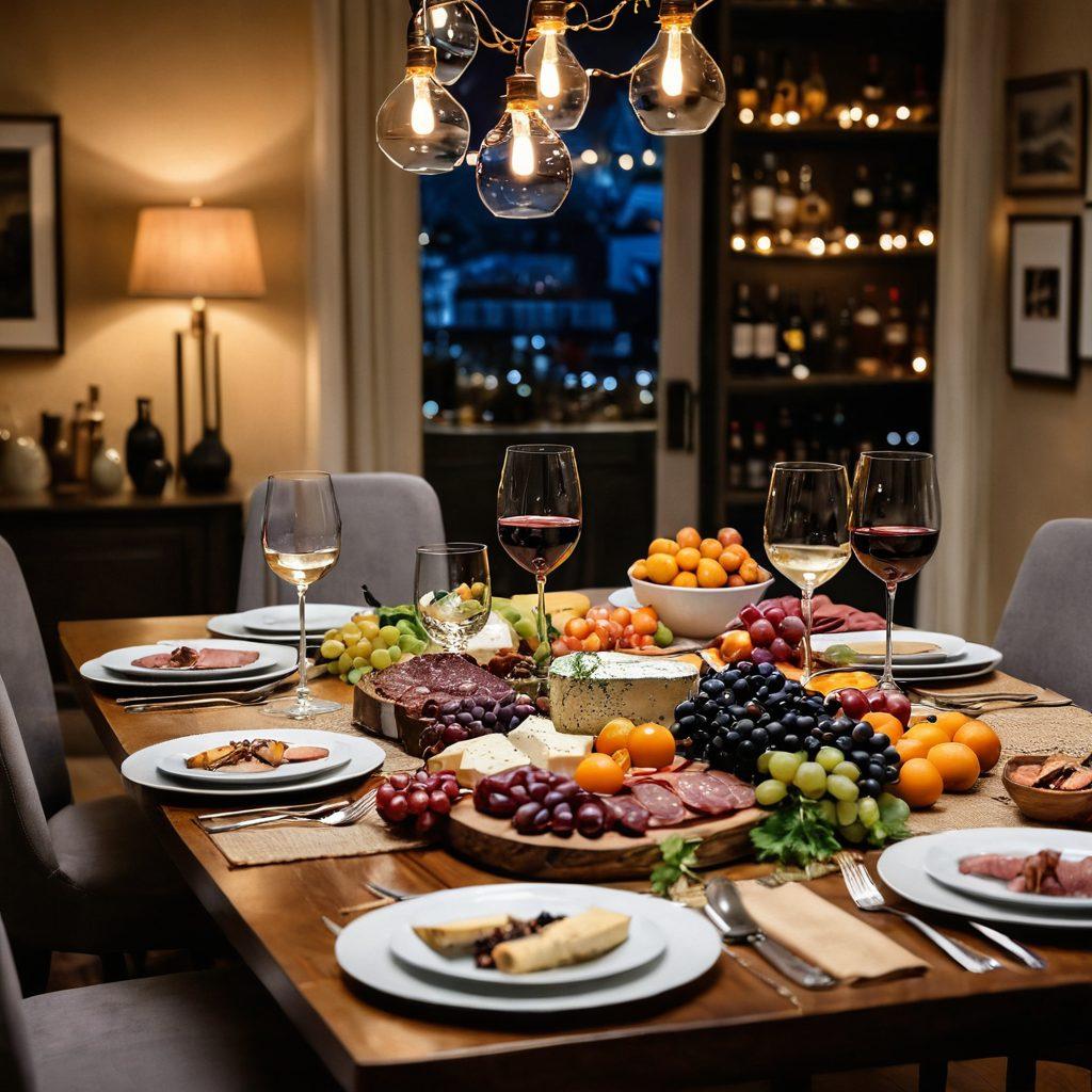 A beautifully set dining table featuring an array of wine glasses, each paired with exquisite dishes like cheese, fruits, and charcuterie. The background showcases a cozy ambiance with soft fairy lights and a bottle of wine elegantly placed beside the glassware. Warm tones and inviting textures create a welcoming feel, celebrating the joy of wine pairings. painterly style. warm colors. intimate setting.