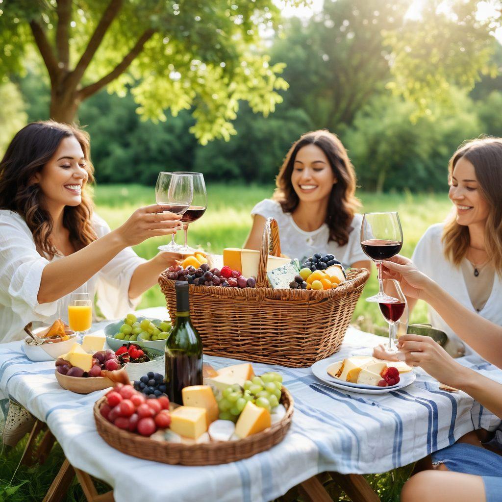 A cheerful outdoor scene with a picnic setup, featuring a diverse group of friends clinking wine glasses filled with various colorful wines. Surrounding them, lush green trees and vibrant flowers create a warm, inviting atmosphere. A stylish wicker basket overflowing with gourmet cheeses and fruits adds a touch of elegance. Soft sunlight filters through the leaves, enhancing the joyful ambiance. watercolor painting. vibrant colors. soft focus.