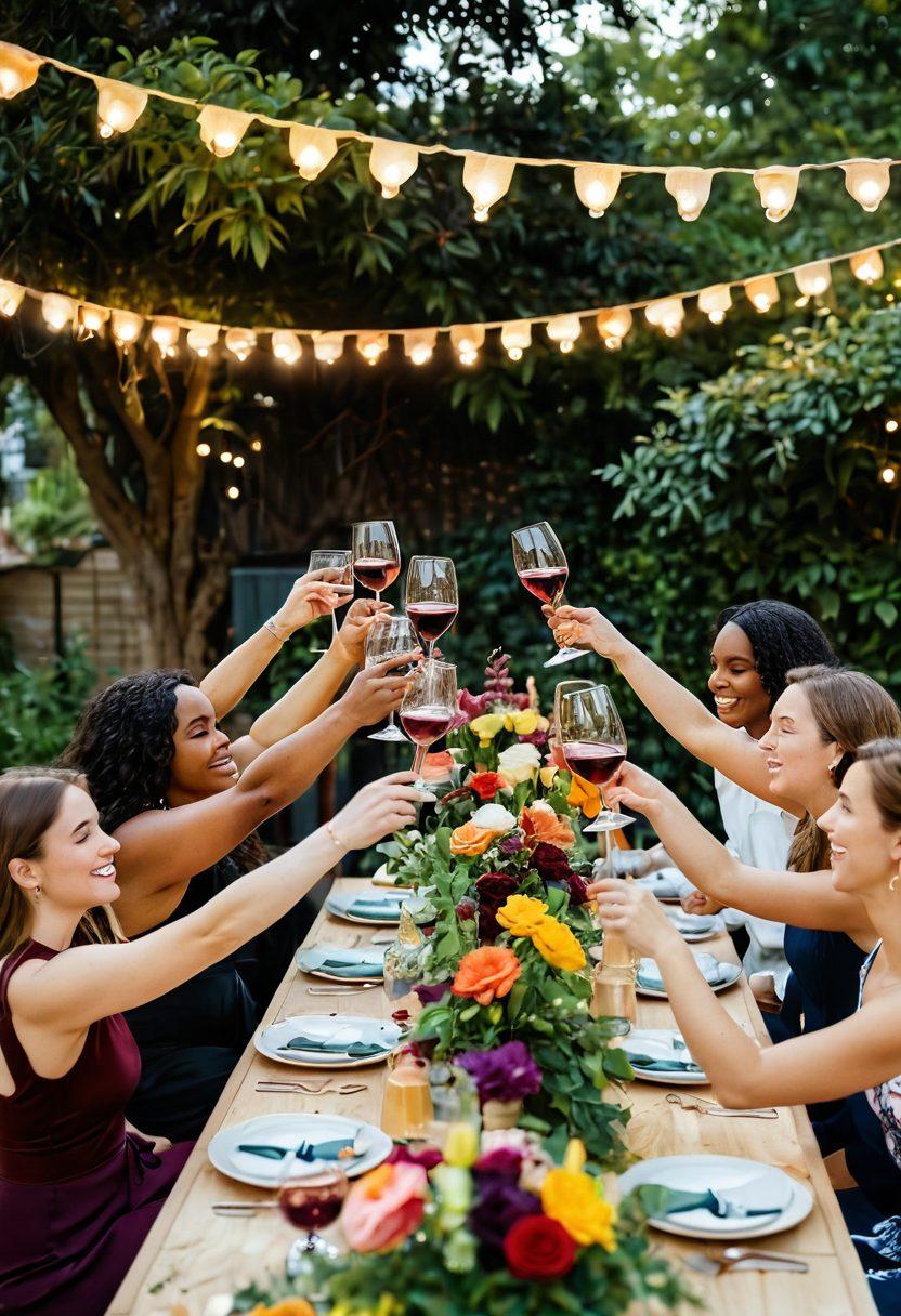 A vibrant gathering of diverse friends toasting with glasses of wine, set in an elegantly decorated outdoor space with colorful banners that celebrate body positivity. Highlight a variety of wine bottles and snacks on a table adorned with floral arrangements, capturing the joy and inclusivity of the event. The background shows lush greenery and twinkling fairy lights, exuding warmth and celebration. super-realistic. vibrant colors. outdoor setting.